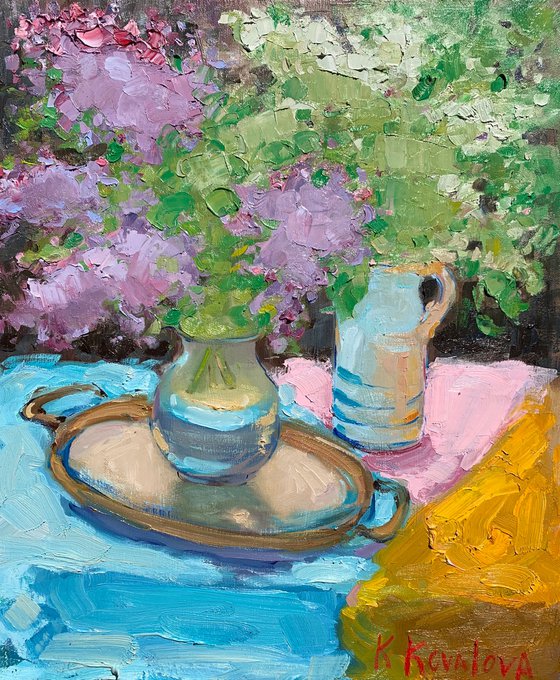 Still life with lilacs and bird cherry
