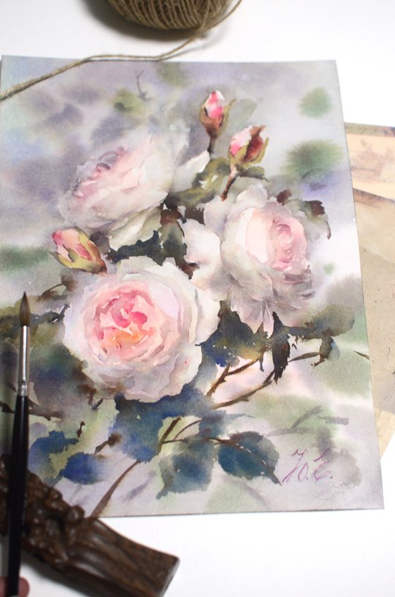 Watercolor roses on grey