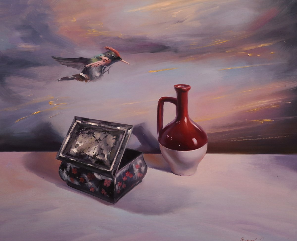 Photorealistic Still Life Oil Painting By Lena Vylusk, 24 X 20", "Whisper Of Flight", Original Artwork