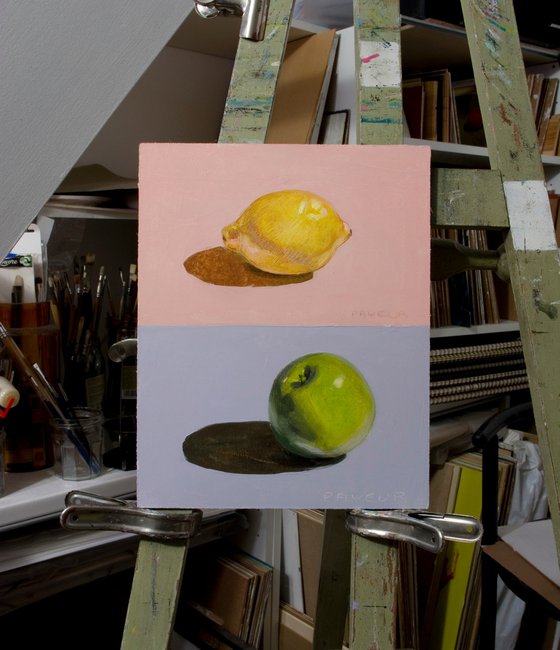 gift for food lovers: modern diptych, still life of lemon and apple