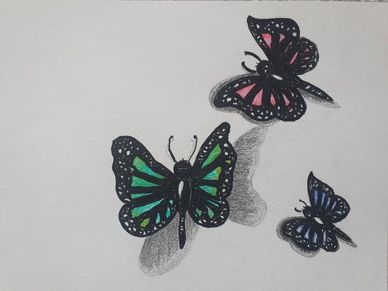 Three Butterflies Acrylic and Pen on A4 Paper Beautiful Painting Gift Ideas