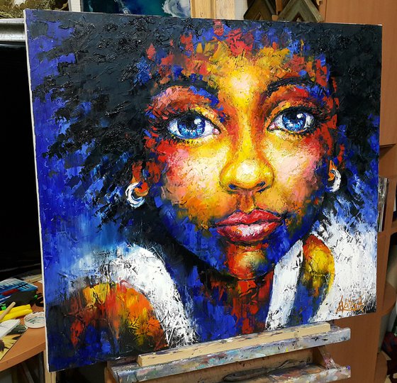 Sight of a young girl - portrait african girl Oil painting by Viktoria ...