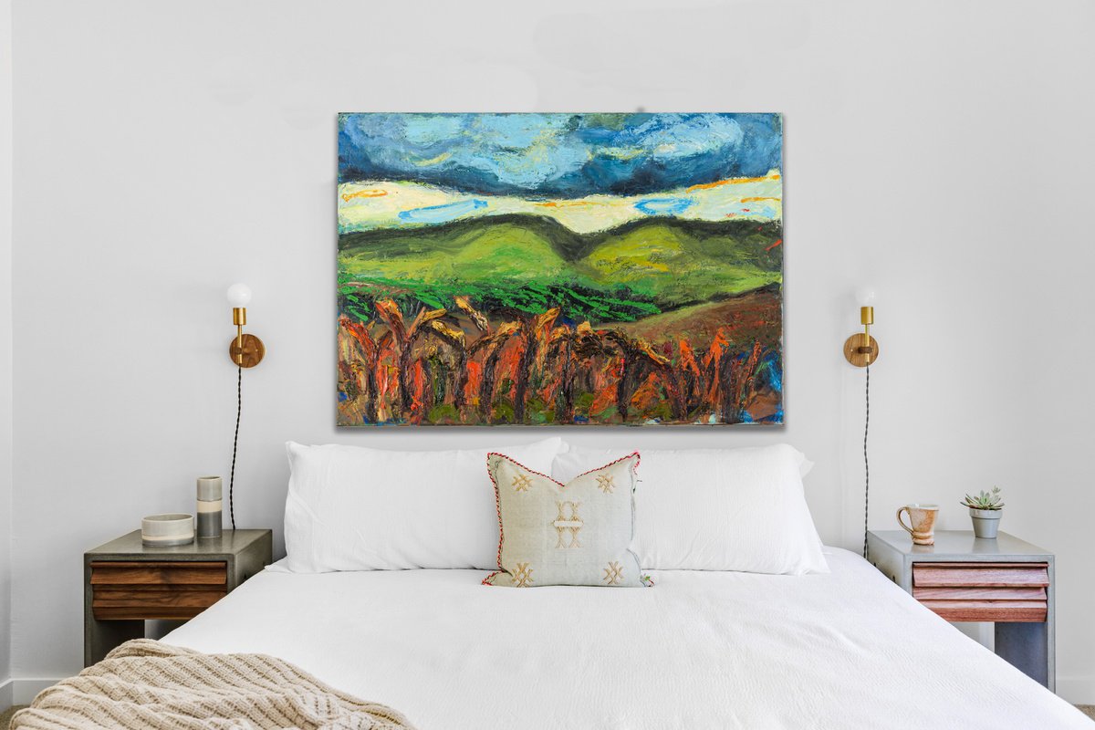 Expressive Landscape Oil Painting By Milica Radovic, 39 X 28", Village, Original Artwork