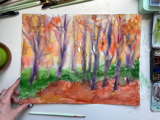 Fall Forest Watercolor Painting, Autumn Landscape Original Artwork, Orange Wall Decor