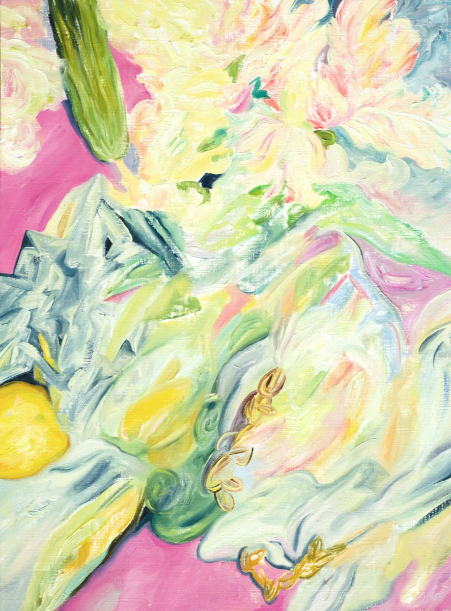 Impressionistic Still Life Oil Painting By Daria Galinski, 12 X 16, Still Life With Lemon And Cucumber, Original Artwork