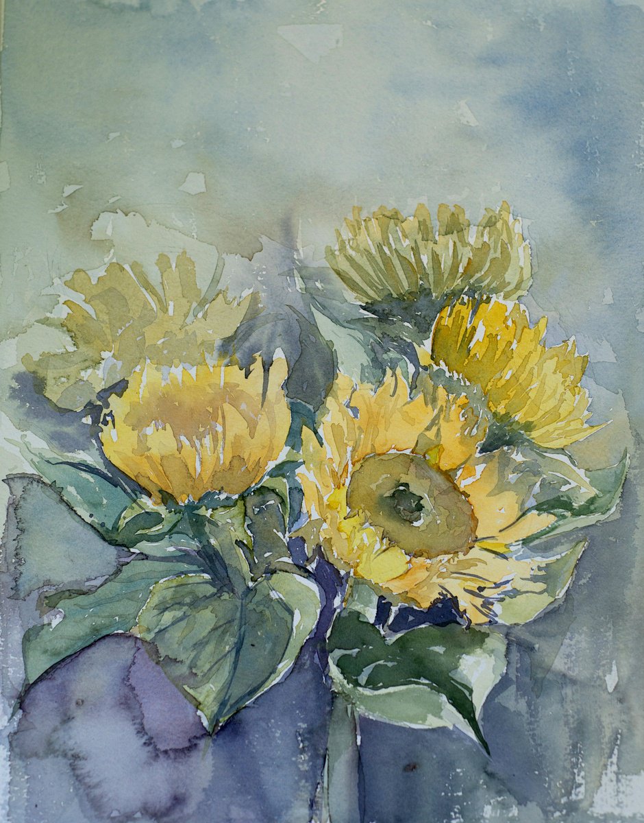 Impressionistic Botanical Watercolour By Oleksandra Skrypchenko, 11 X 15", Sunflowers, Original Artwork