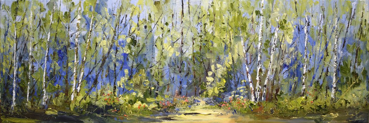 Impressionistic Landscape Oil Painting By Sonja Brussen, 36 X 13", Hidden Place, Original Artwork