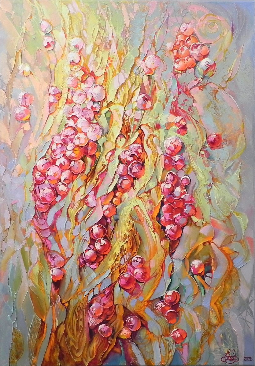 Abstract Botanical Oil Painting By Yurii Novikov, 28 X 39", "Ethereal Harvest", Original Artwork