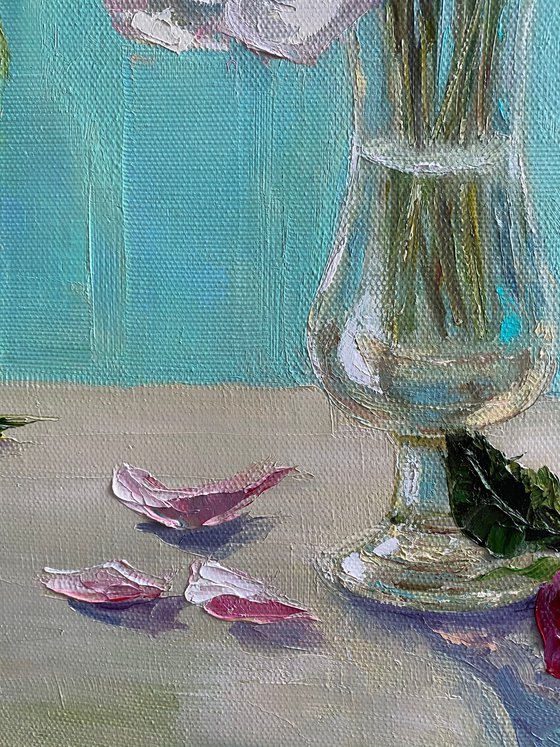 Still life with flowers. Turquoise background.