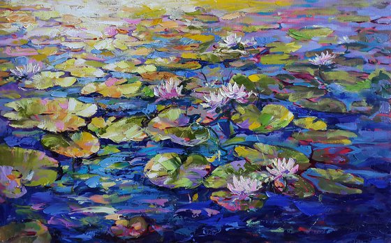 White lilies in the pond - painting flowers