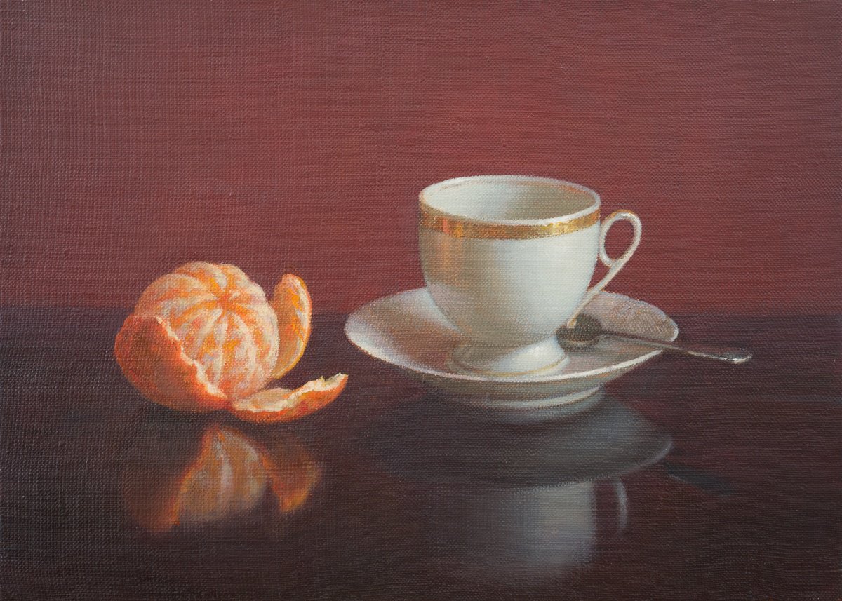 Photorealistic Still Life Oil Painting By Irina Trushkova, 14 X 10, Cup Of Coffee And Tangerine, Original Artwork