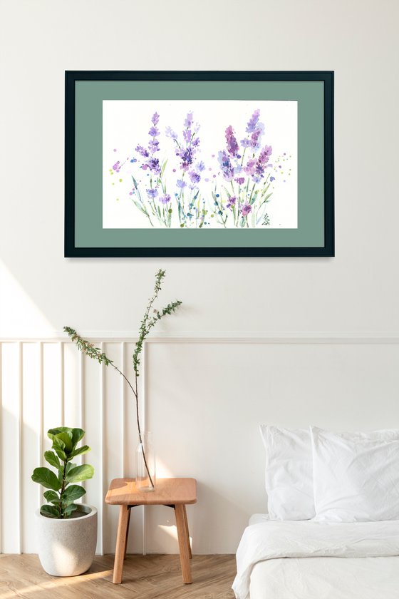 "Lavender sprigs in dotted drops. Expressive sketch" original watercolor illustration