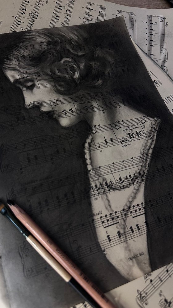 Woman's Portrait on Vintage Sheet Music