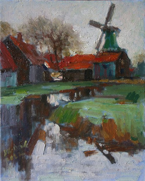 Original Oil Painting Wall Art Signed unframed Hand Made Jixiang Dong Canvas 25cm × 20cm Windmills in Van Goghs Hometown Netherlands Small Impressionism Impasto by Jixiang Dong