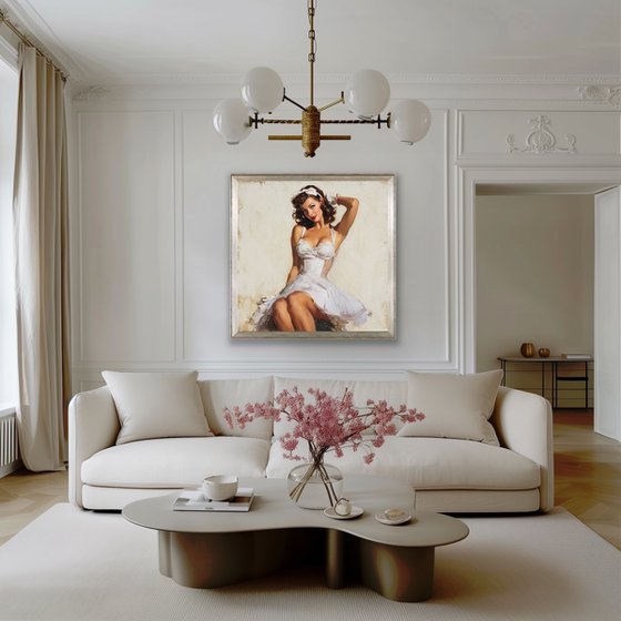 Vintage Pin-Up Girl Oil Painting