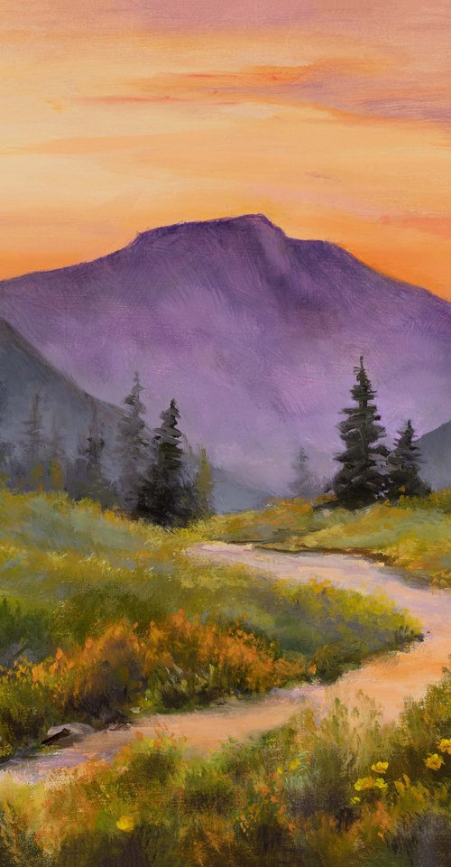 Mountain stream at warm sunset by Lucia Verdejo