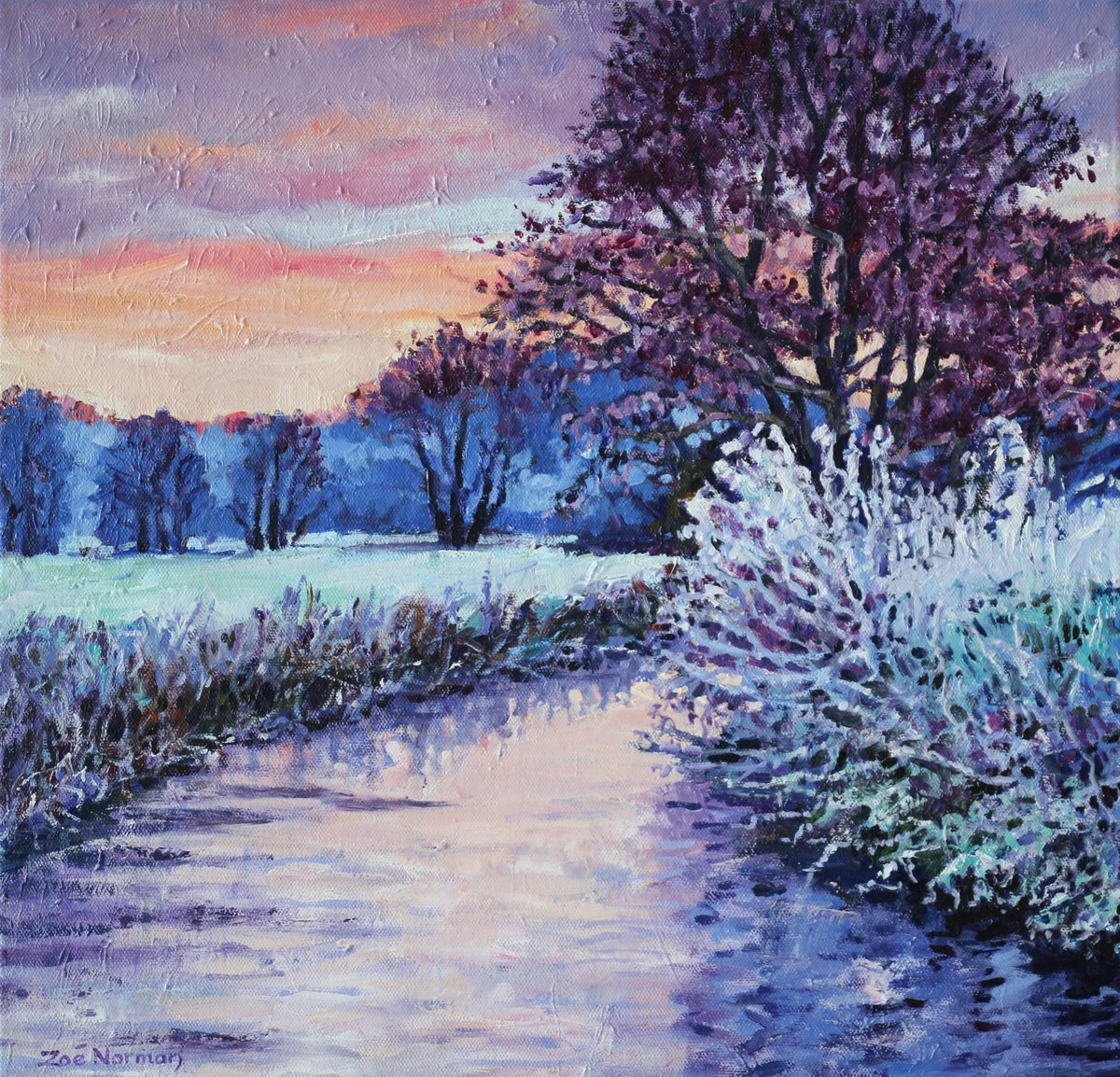 Impressionistic Landscape Oil Painting By Zoe Elizabeth Norman, 16 X 16", Apricot Dawn - River Sunrise, Original Artwork
