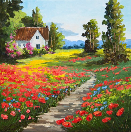Red poppies. Oil painting. Rural landscape. Flower field. Original art. 12 x 12in.