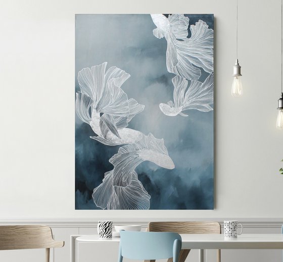 "Immensity 2" Blue silver fish abstract art