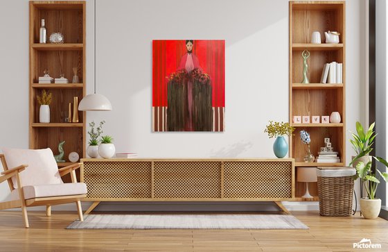 Girl in Red with Flowers