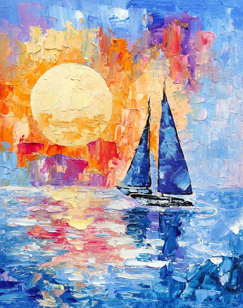 Sailboat Painting Bright Sunset Art Seascape by Yulia Berseneva