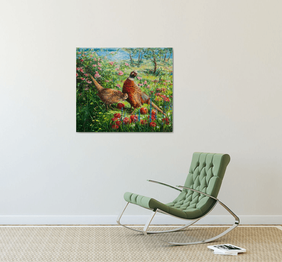 PHEASANTS IN APPLE GARDEN