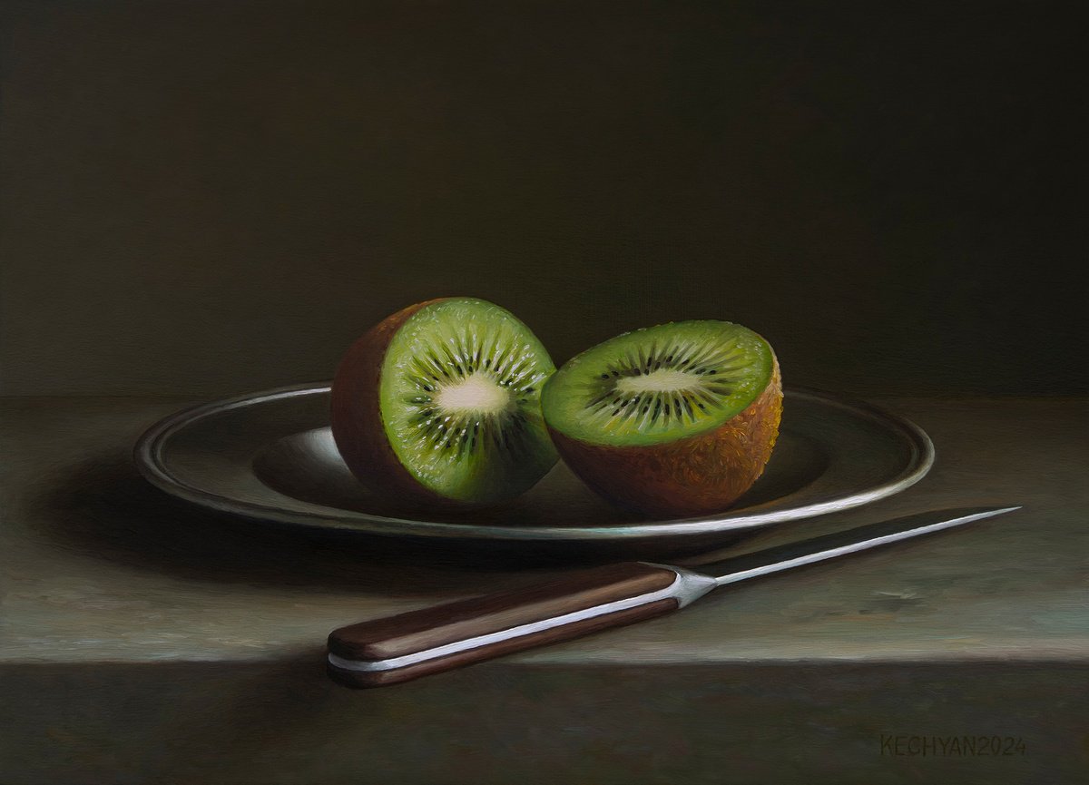 Photorealistic Still Life Oil Painting By Albert Kechyan, 13 X 9, Kiwifruit With A Knife, Original Artwork