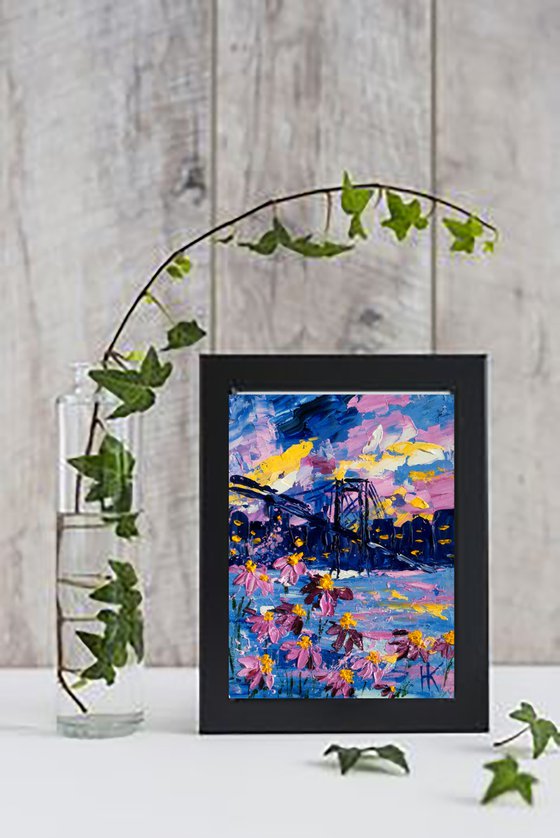 NYC Painting Cityscape Original Art New York Artwork Bridge Small Oil Impasto Home Wall Art 6 by 8" by Halyna Kirichenko