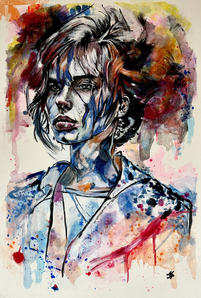 Expressive Portrait Acrylic Painting By Misty Lady - M. Nierobisz, 13 X 19", Blueberry Rhapsody, Original Artwork