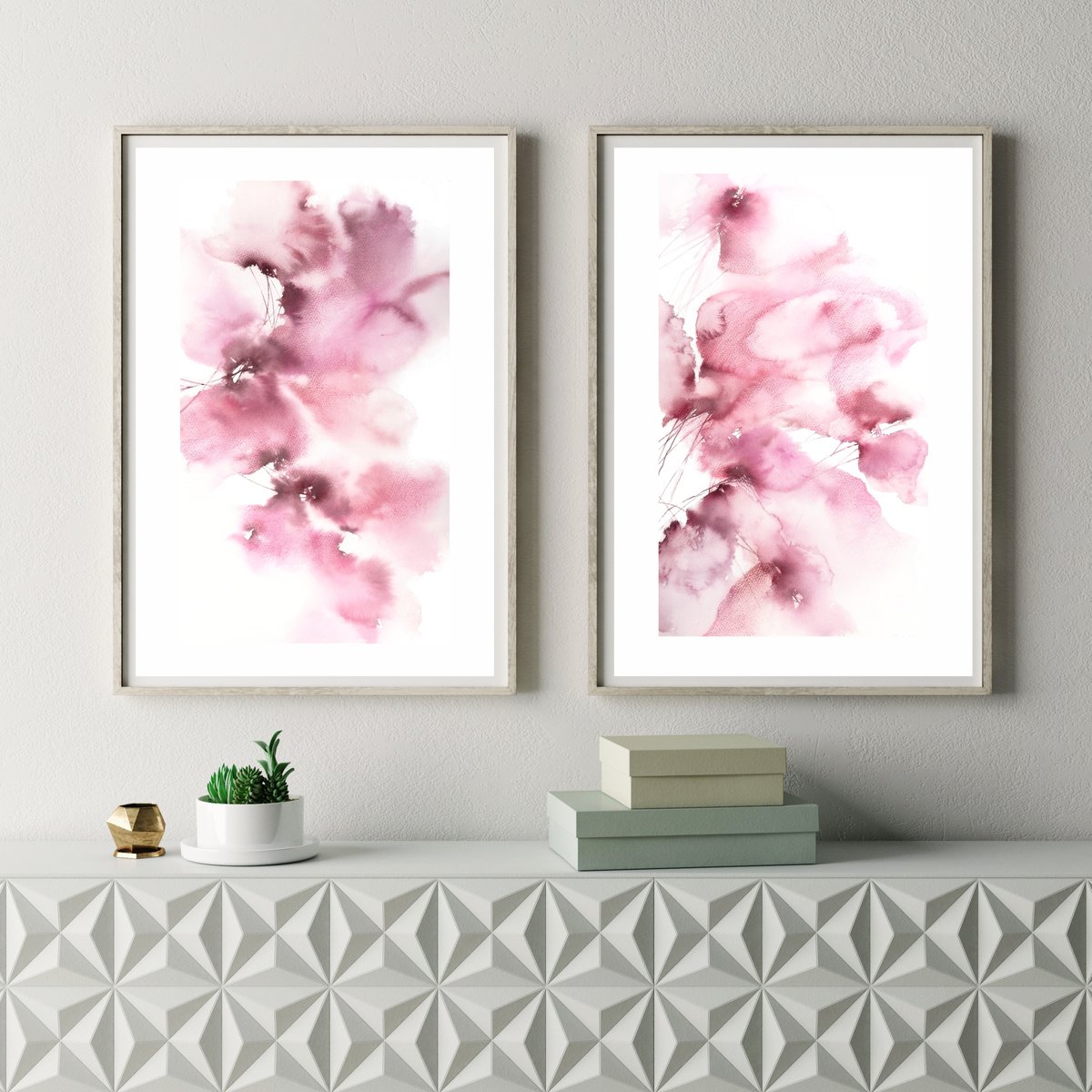 Pink abstract flowers painting, diptych Floral marshmallow by Olya Grigo