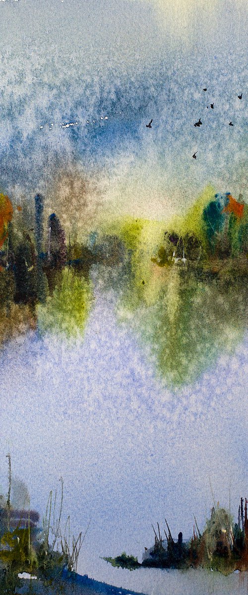 Autumn river. Small original watercolor fall salamanca spain light reflection nature landscape by Sasha Romm