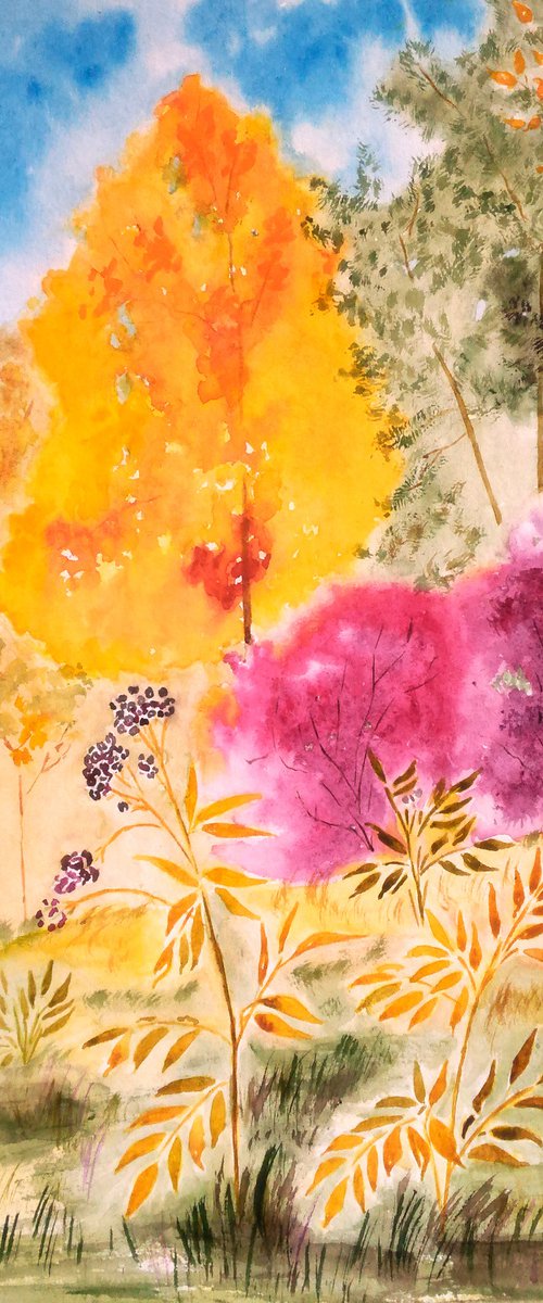 autumn landscape original watercolor painting red trees impressionistic watercolor'Red autumn" by Halyna Kirichenko