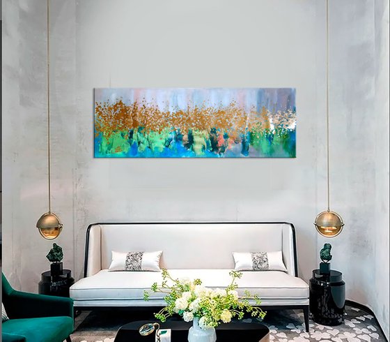 Emerald abstract painting on canvas, Golden foil panoramic art