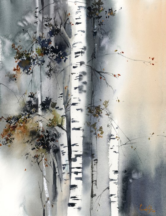 Birch Forest Landscape Nature Watercolor Painting, Trees Painting