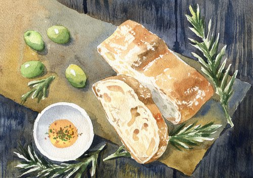 Farmer's still life with bread and olives. Watercolor still life of a rustic breakfast. by Evgeniya Mokeeva