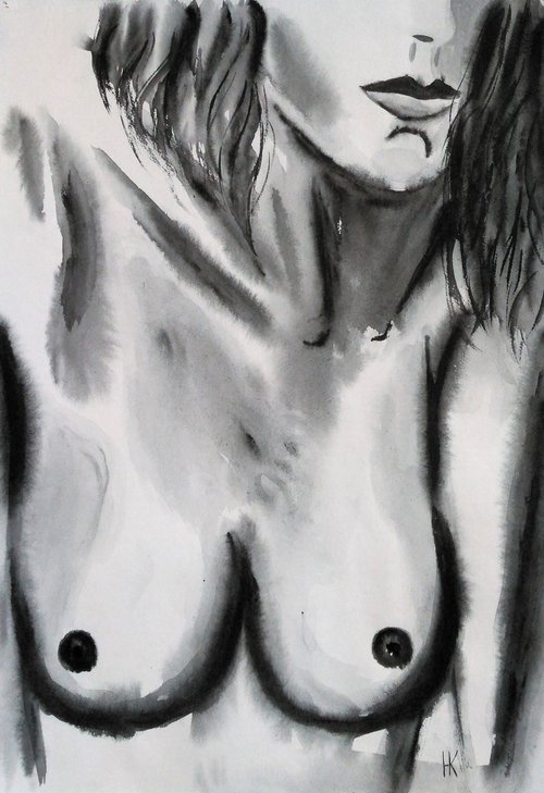 Nude Painting Female Original Art Naked Woman Artwork Breast Watercolor Erotic Home Wall Art 12 by 17" by Halyna Kirichenko by Halyna Kirichenko