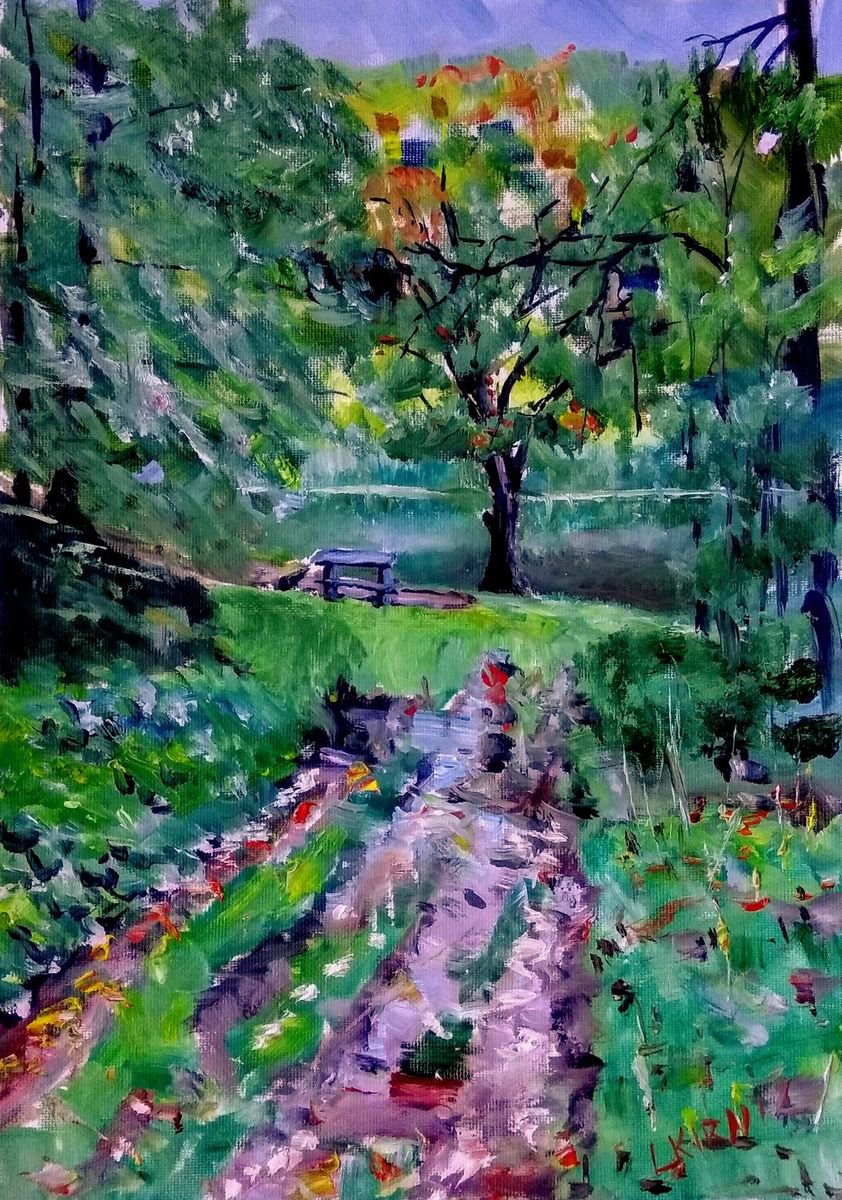 Impressionistic Landscape Oil Painting By Leonid Kirnus, 10 X 14", By The Lake, Original Artwork