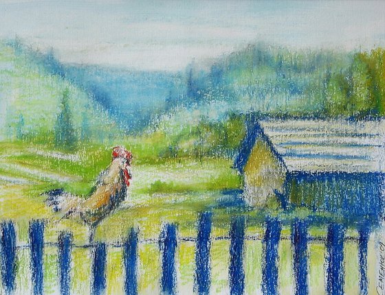 Rooster. Mountains landscape