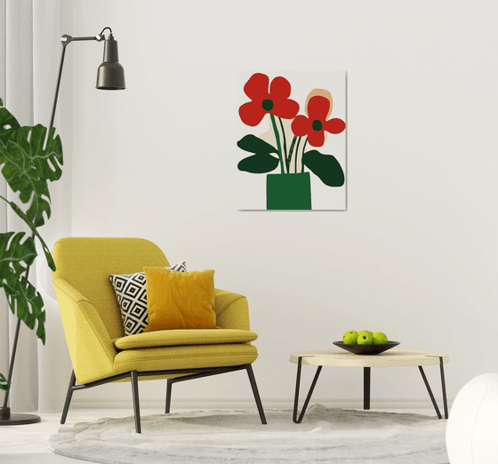 Red Flowers in Green Vase