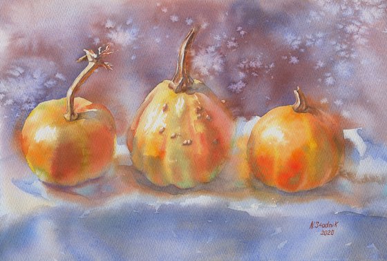 Three pumpkins. Winter Painting