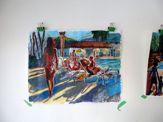 Swimming Pool scene with figure walking