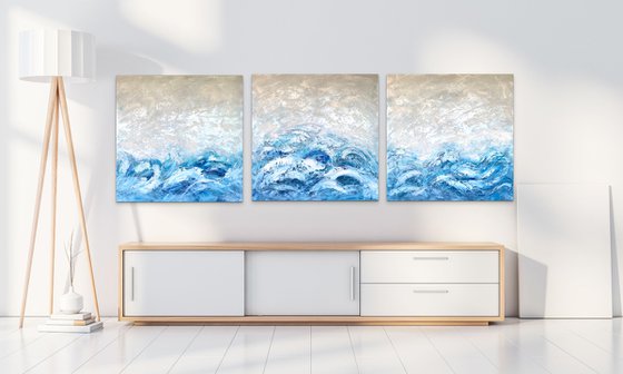 OCEAN WAVES. Large Abstract Blue White Triptych Painting