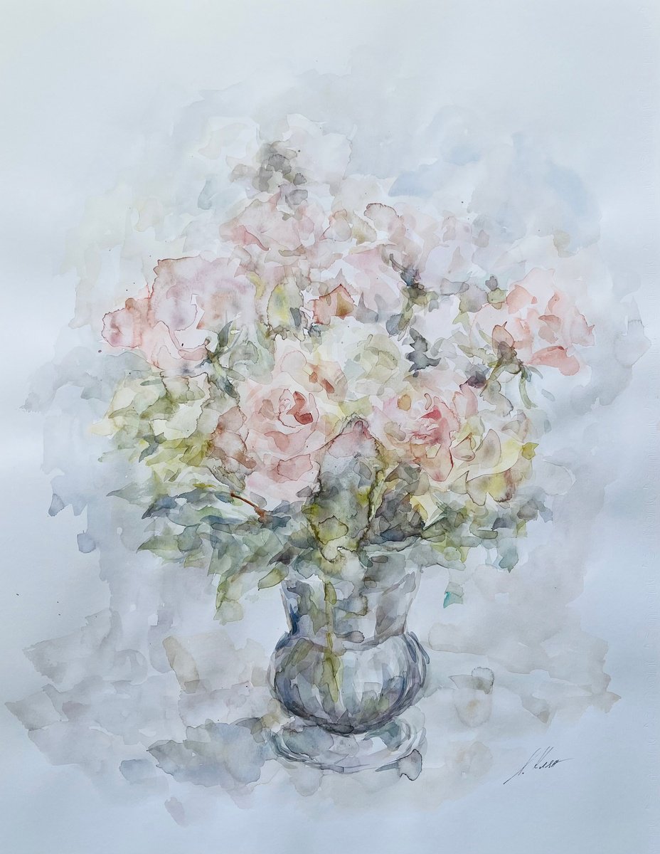 Impressionistic Botanical Watercolour By Elena Klyan, 20 X 26, Roses #8 50X65 Cm 2025, Original Artwork