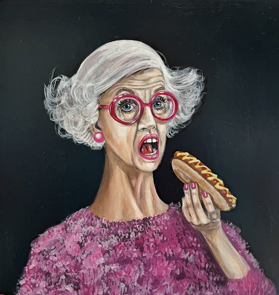 A classy Lady eating a hotdog called 'Caught In The Act'