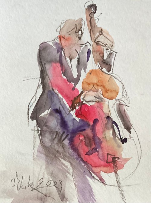 "Double bass player" (watercolor sketch, 'Jazz by the sea' series) by Irina Bibik-Chkolian