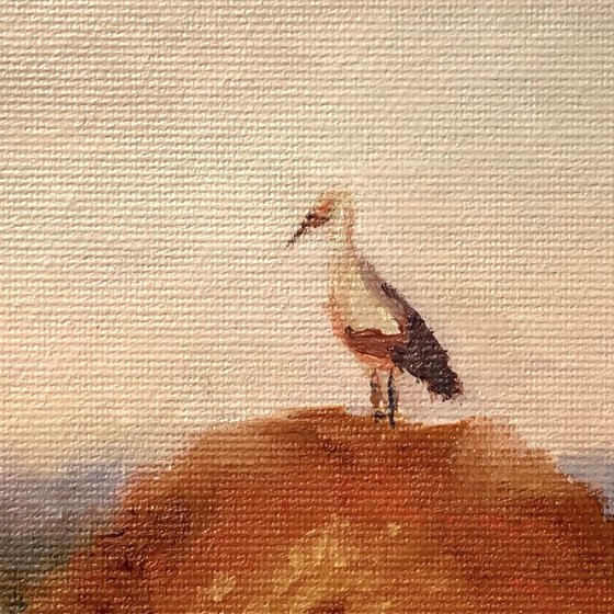 Stork on a haystack, in frame