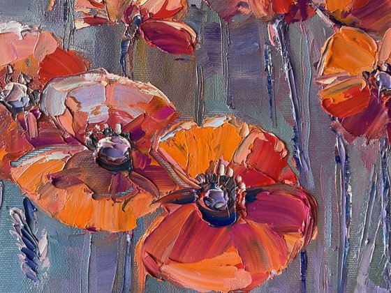 "Field of red poppies". Scenery. Flowers. Original oil painting