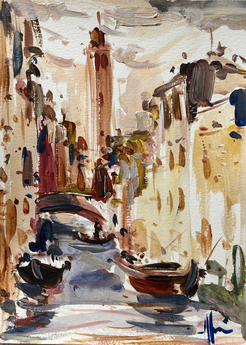 Impressionistic Landscape Acrylic Painting By Altin Furxhi, 8 X 12, Venice Canal Impression, Original Artwork