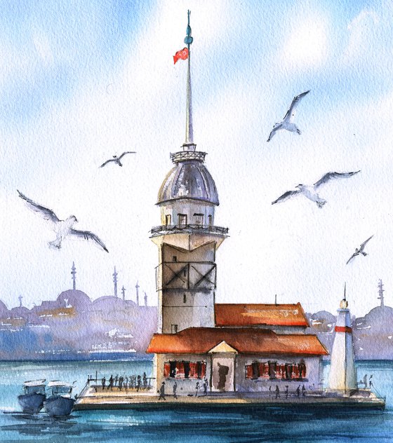 Seagulls at Bosphorus original waterolour landscape painting beach wall art sea artwork