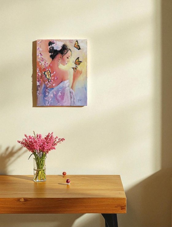 Portrait of a woman playing with Butterflies